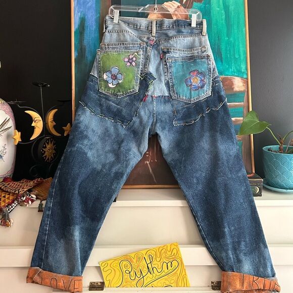 Upcycled Frayed Patchwork Jeans 33" Waist Handmade Streetwear Pants Painted - Picture 14 of 16